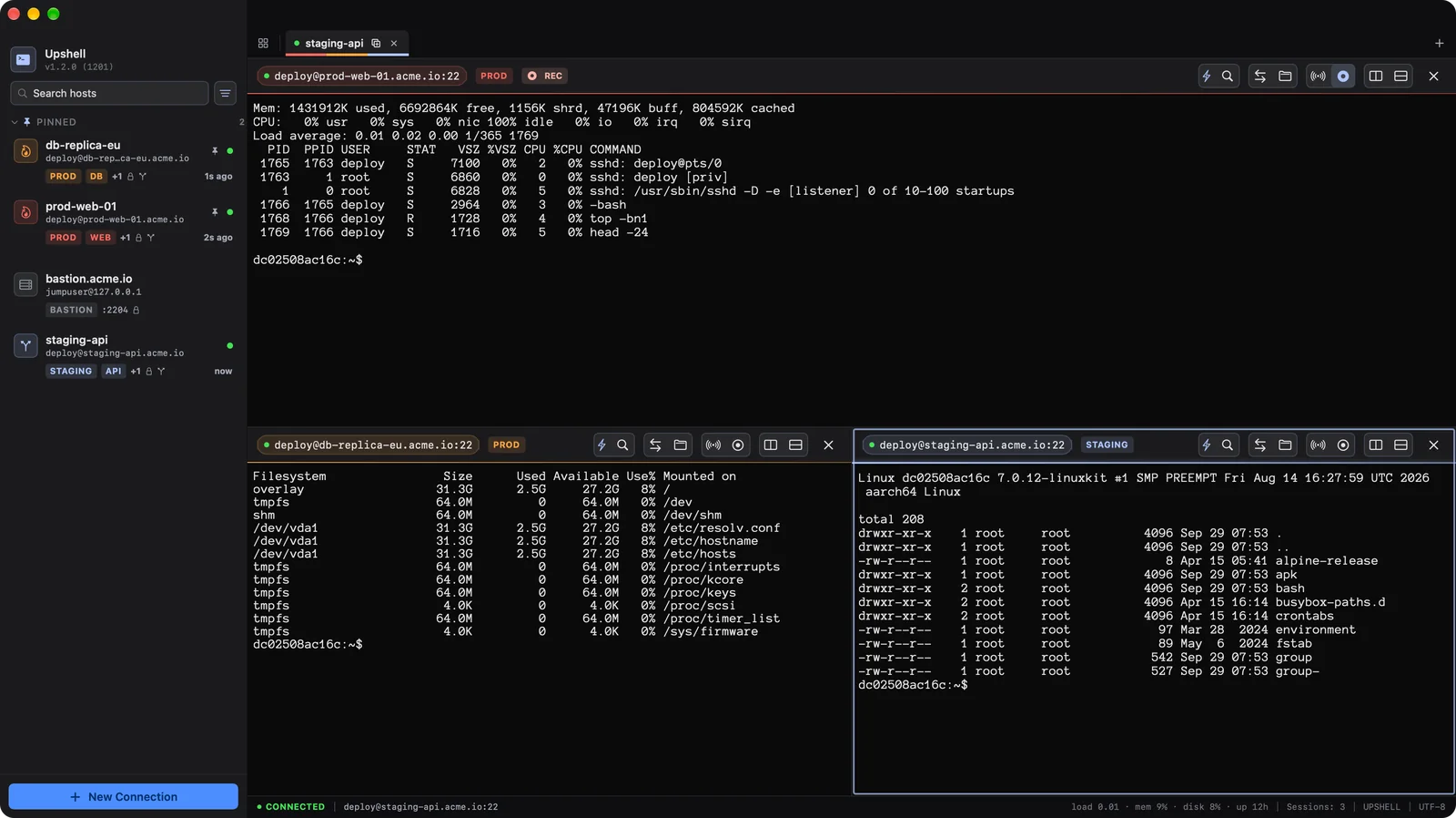 Upshell with three split SSH sessions, a recording badge and live server stats in the status bar