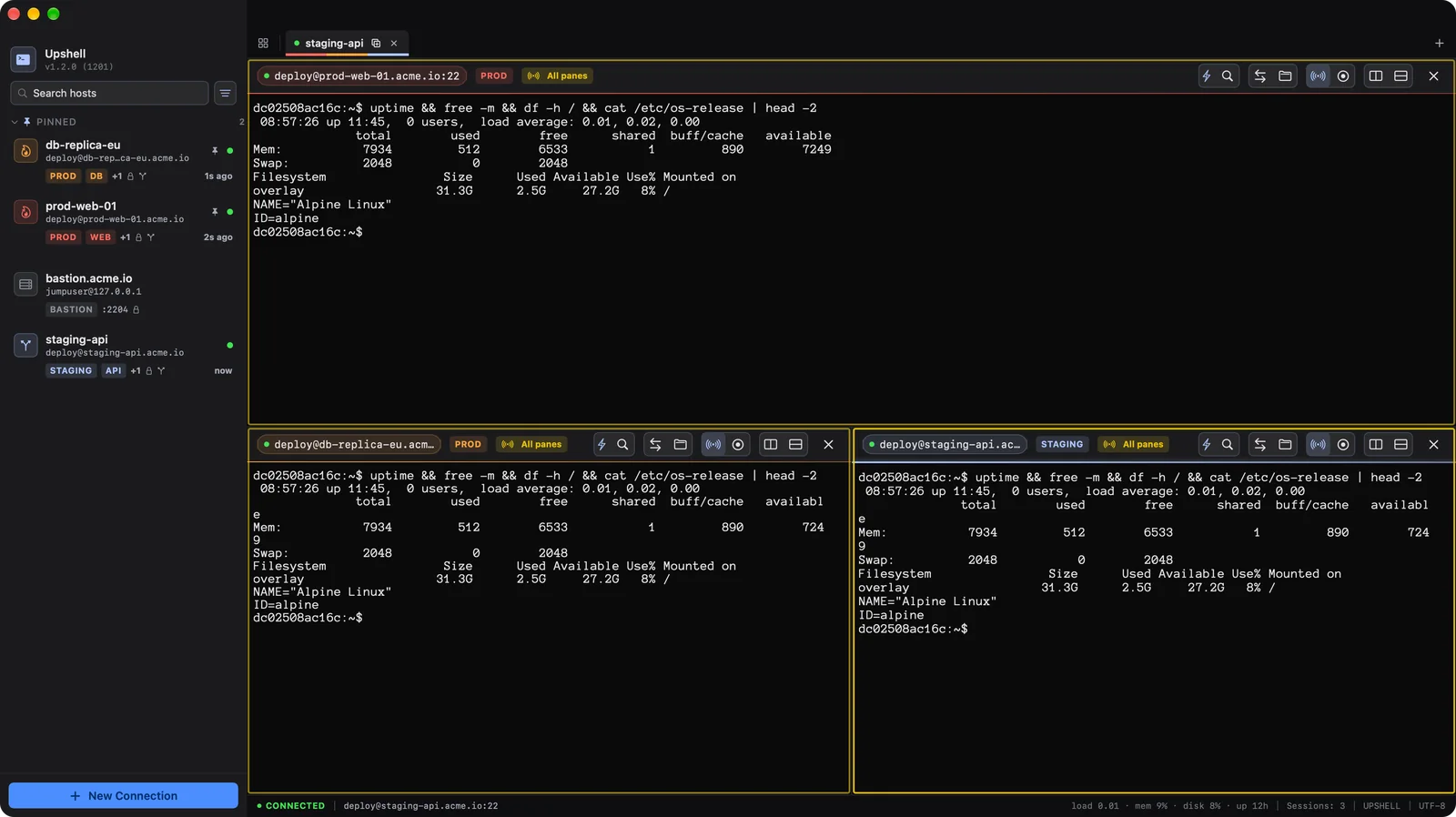 Typing in all panes: the same command runs in three SSH sessions at once