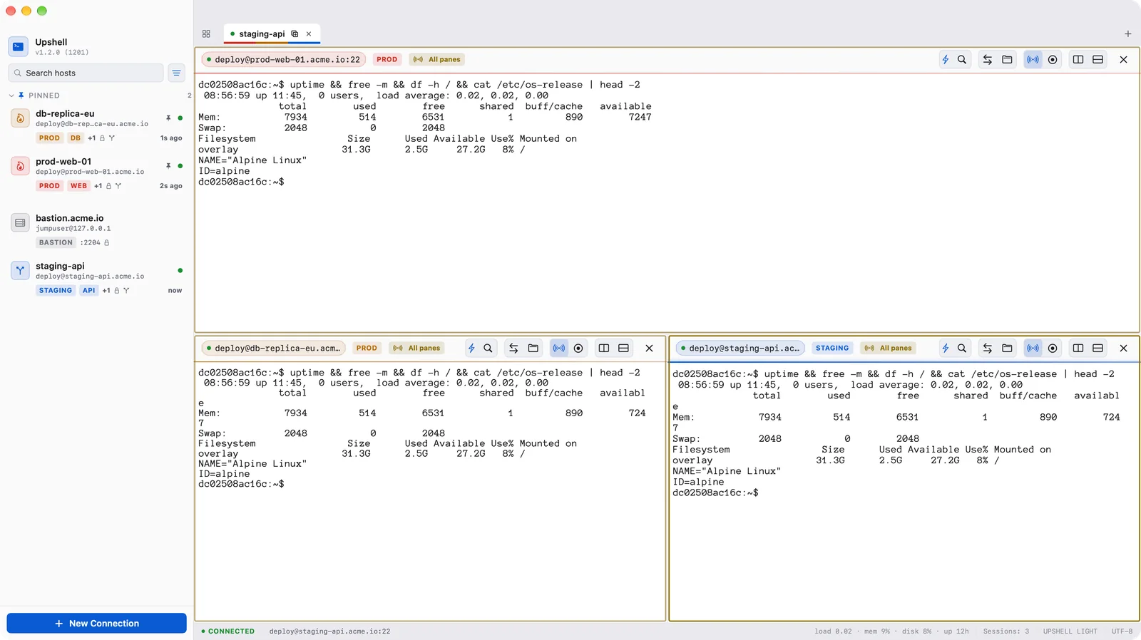 Typing in all panes: the same command runs in three SSH sessions at once