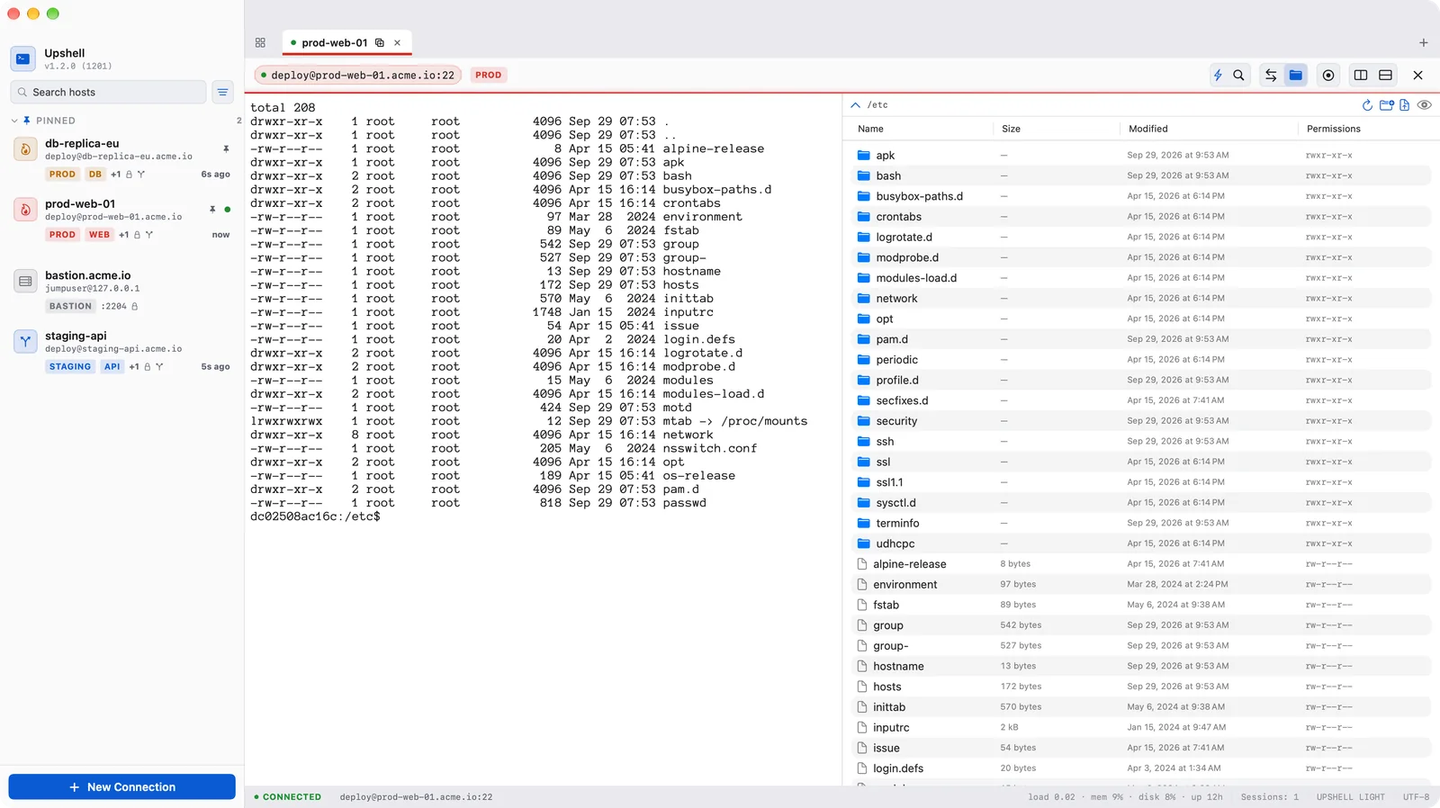 SFTP file browser next to the shell, on the same SSH connection