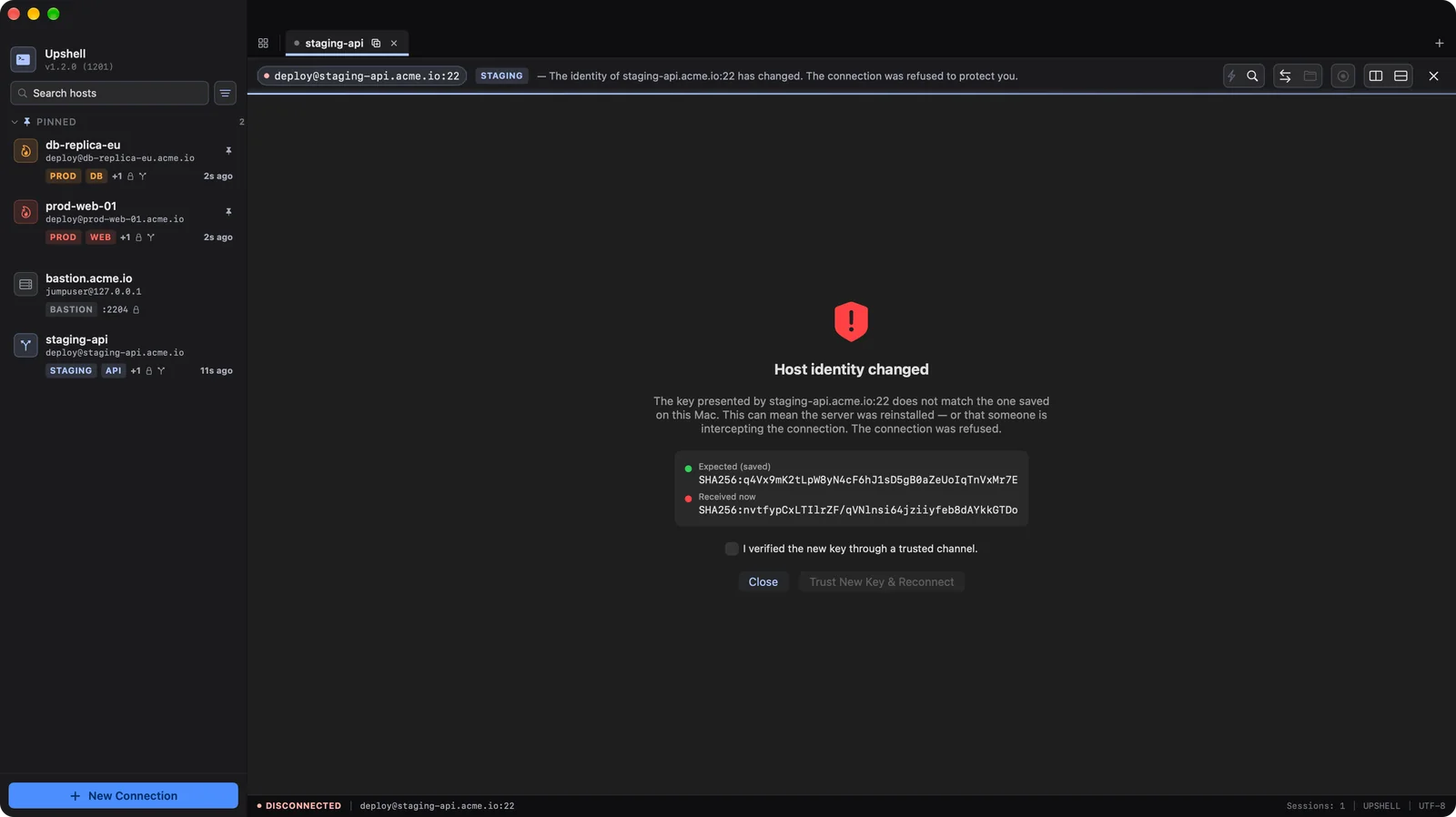 A changed host key stops the connection