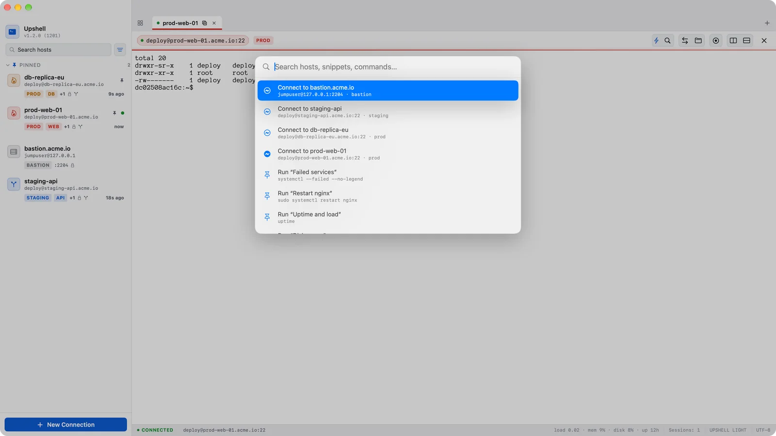 The ⌘K command palette listing hosts, snippets and commands